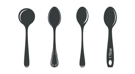 Set of four black spoons in various shapes and sizes isolated on vector