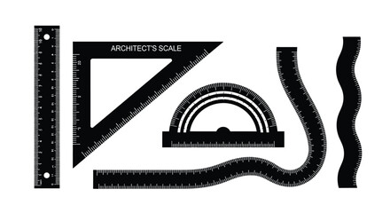Set of black geometric drawing tools including rulers protractor and curves for drafting and design vector