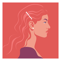 Vector portrait of a fashionable young woman with long wavy red hair, decorated with pearl hairpins and earrings. She is shown in profile, wearing a stylish outfit. Flat illustration