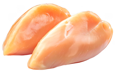 Closeup shows two raw chicken breasts in detail on transparent background