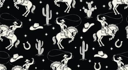Stylish cowboy pattern with horses, hats, cacti, and stars on a bold black background