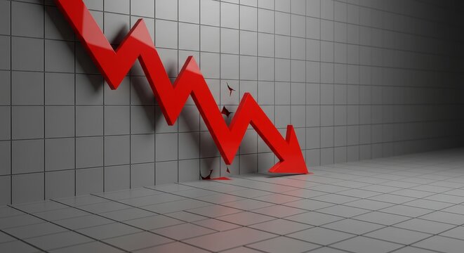 Declining crimson arrow on a tiled floor signifies economic downturn visualization