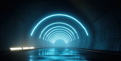 Illuminated Tunnel with Neon Arches and Reflective Surface.