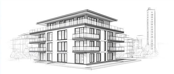 A black and white isometric line drawing of a modern two-story apartment building with a flat roof