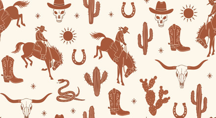 Boho Western Pattern with Cowboys, Horses, Cacti, Skulls, and Boots for Trendy Design
