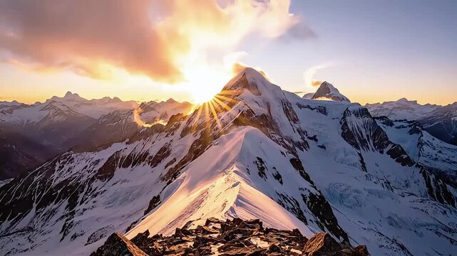 Breathtaking Sunrise Over a Majestic Snowy Mountain Range.