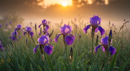 Purple irises sunrise field