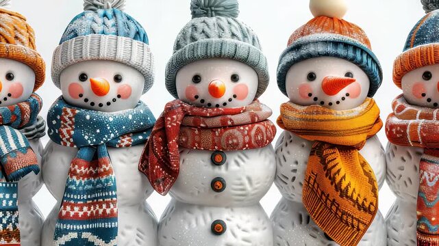 Row of Cheerful Snowmen with Colorful Scarves and Hats, Winter Holiday Season Festive Decoration, Isolated on White Background