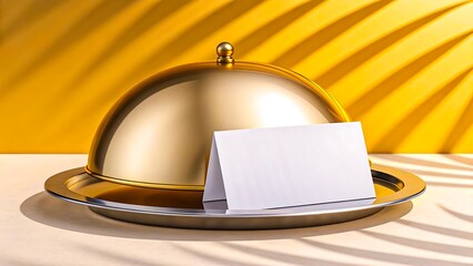 Golden cloche with blank white card on yellow background representing restaurant service and luxury dining 
