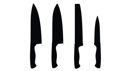Four chef's knives of varying sizes silhouetted against a clean culinary tools vector