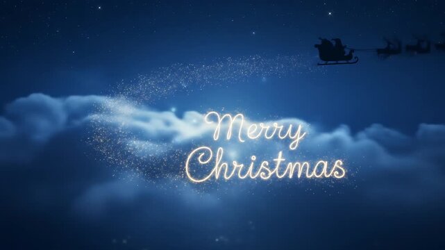 Santa Claus sleight and reindeer silhouette flying showing merry christmas message in the night and clouds