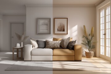 Modern living room interior with beige sofa cozy home design