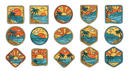 Stunning tropical sunset badges with palm trees, ocean views, perfect for travel branding