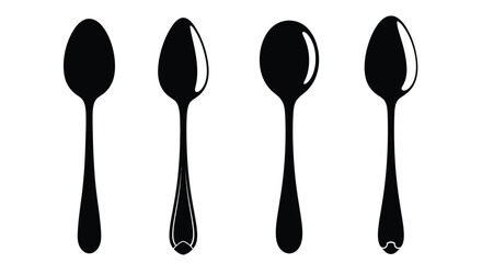 Four shiny black spoons arranged in a row for culinary concepts and kitchenware photography vector