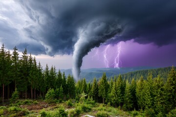 Dramatic tornado and lightning storm over forested hills