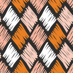 Hand drawn argyle checks as a minimalist diamond pattern in colors of orange, cream and off white on black background. Abstract holiday seamless vector pattern. Great for home decor, fabric, wallpaper