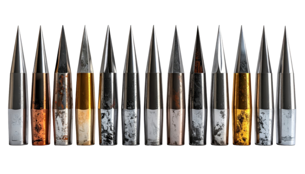 Row of metallic tips in various colors - Powered by Adobe