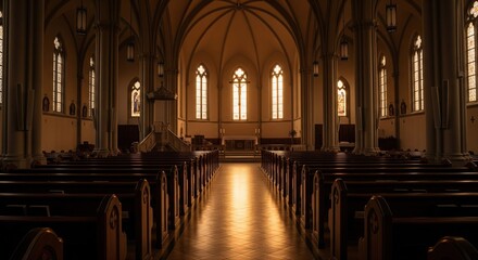 Fototapeta premium Empty church interior, sunlight on floor