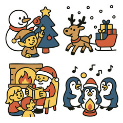 Naklejka premium Christmas elf snowman tree reindeer sleigh gift Santa children penguin
