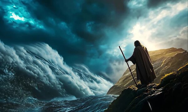 Biblical Scene of Moses Parting the Red Sea Using His Staff with the Power of God