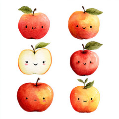 Cute Watercolor kawaii Apples with Happy Faces