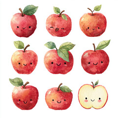 Cute Watercolor kawaii Apples with Happy Faces