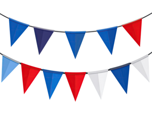 Triangular flags in red, white, and blue, arranged in two parallel rows