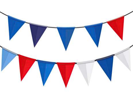 Triangular flags in red, white, and blue, arranged in two parallel rows