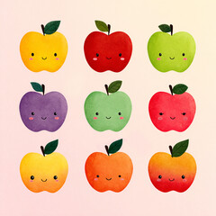 Cute Watercolor kawaii Apples with Happy Faces