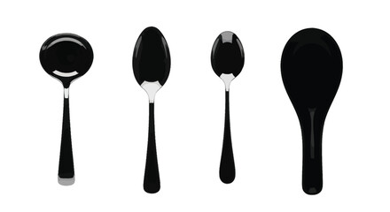 Four shiny black spoons of different sizes arranged in a row displayed creatively vector