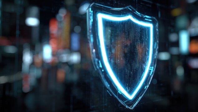 Glowing Blue Cybersecurity Shield Icon on a Dark Tech Background.