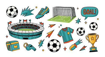 Vibrant soccer elements in playful cartoon style for sports, events, and team branding designs © Elsa