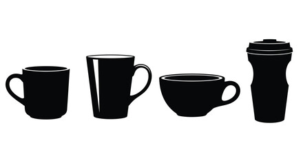 Diverse collection of black ceramic cups and travel mug silhouettes isolated vector