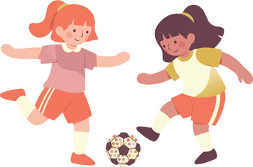vector illustration of a diverse group of young girls playing soccer together in a park for an International Day of the Girl Child concept of teamwork and sports.