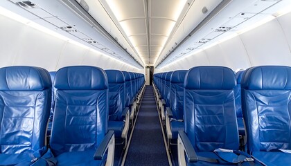 Empty airplane cabin with blue seats