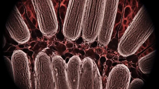 Detailed microscopic view of intricate biological structures possibly intestinal villi or cells within a vascularized tissue showcasing organic textures and cel
