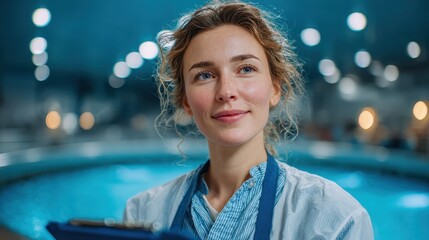 Woman in clean suit using tablet for quality control at industrial processing factory in Europe