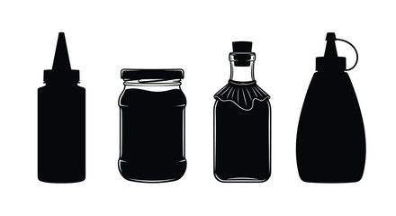 Collection of four dark silhouette food sauce bottles and jars for condiments and liquids vector