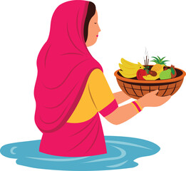 Happy Chhath Puja Festival Celebration Woman Worshiping Sun God Standing in River Offering Arghya