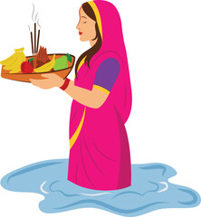 Happy Chhath Puja Festival Celebration Woman Worshiping Sun God Standing in River Offering Arghya