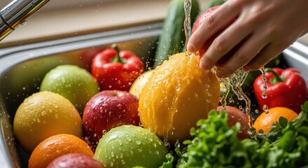 Fresh produce being washed in a stainless steel sink. Water splashes around vibrant fruits and vegetables