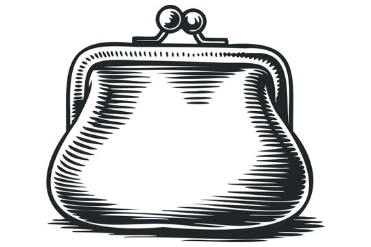 Vintage coin purse with metal clasp rendered in woodcut style. Vector hand drawn illustration