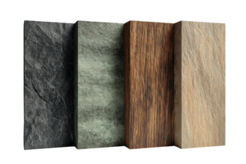 Four layered textured slabs in dark gray, light gray-green, medium brown, and light beige