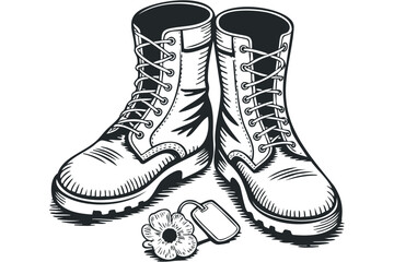 Pair of combat boots with dog tag and poppy flower on transparent. Vector hand drawn illustration