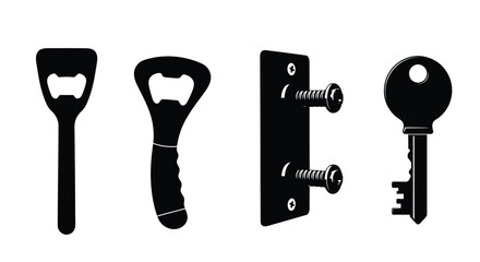 Set of silhouetted bar tools door hardware and key objects for design vector