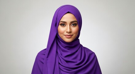 Woman with a purple hijab looking directly at the camera with a confident expression. Muslim fashion, cultural identity, and empowerment concept.