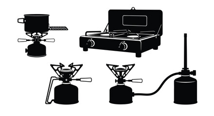 Collection of camping stoves and portable cookware for outdoor adventures and cuisine vector