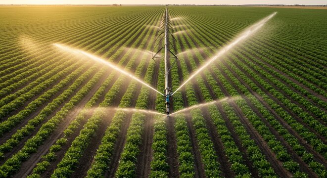 Agricultural irrigation system efficiently waters rows of vibrant green crops