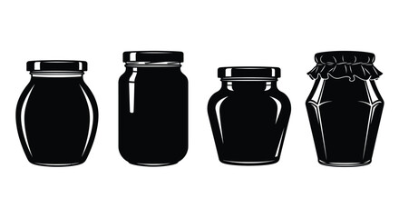 Four dark jam jars with lids isolated on food product display vector