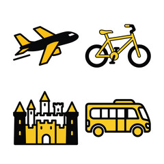 Airplane bicycle castle and bus icons representing travel and transportation modes for graphics